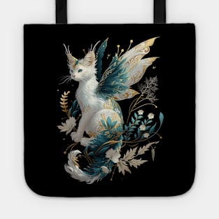 Majestic Cat Dragon Fairy Art - White and Teal with Gold Accents Tote