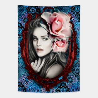 Beautiful Girl WITH ROSES in the Frame digital Art Fine ARTWORK Tapestry