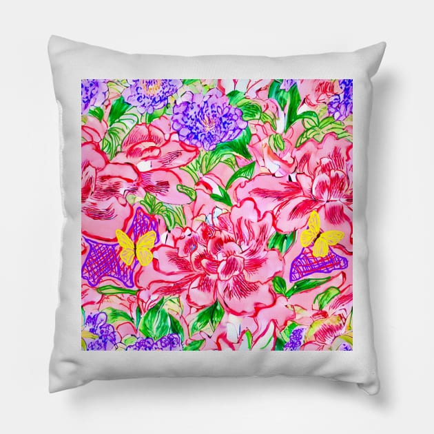 Modern chinoiserie flowers and butterflies Pillow by SophieClimaArt