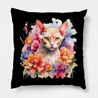 A devon rex cat decorated with beautiful watercolor flowers Pillow