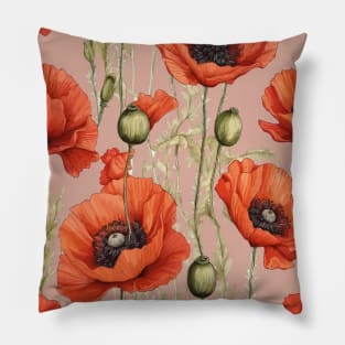 Artistic Pretty Red Poppies Botanical Art Pillow