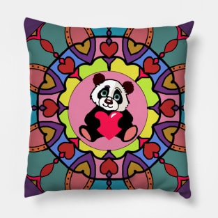 Cute panda with heart in colorful mandala Pillow