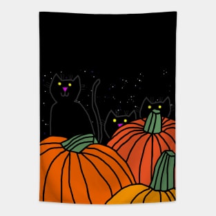 Black Cat and Friends in the Halloween Pumpkin Patch at Night Tapestry