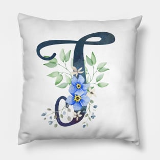 Floral Monogram T Wild Blue Flowers Pillow