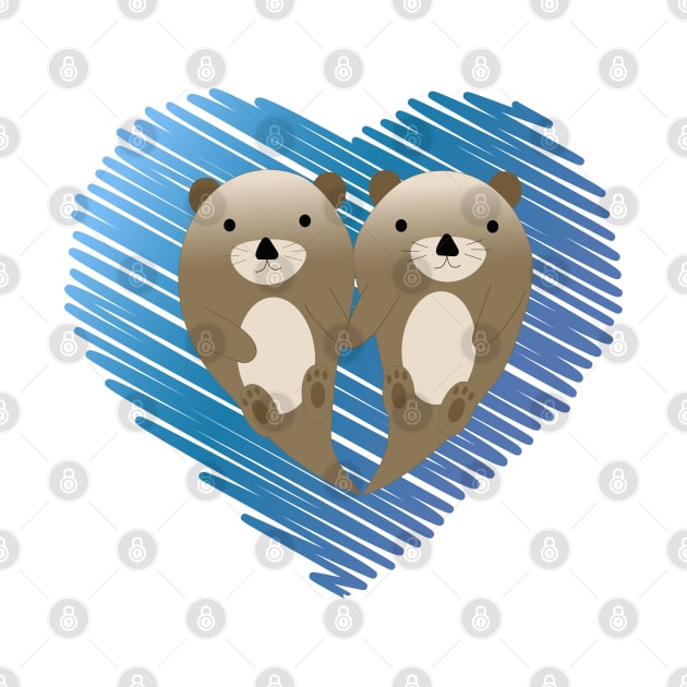 Cute Otter Couple and Blue Scribble Heart Background by Hedgie Designs