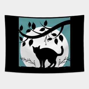 Silueta De Gato Bajo La Luna Tapestry