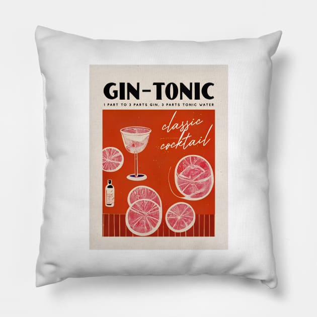 Gin Tonic Retro Poster Red Cinema Bar Prints, Vintage Drinks, Recipe, Wall Art Pillow by BetterManufaktur