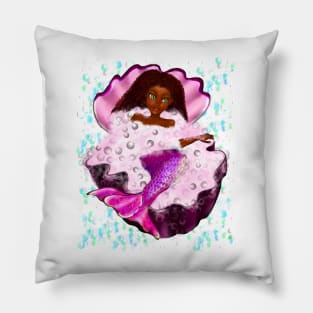 Mermaid spa day in Oyster clam shell 2 - Black anime mermaid in bubble bath. Pretty black girl with Afro hair, green eyes, Cherry pink lips and dark brown skin. Hair love ! Pillow