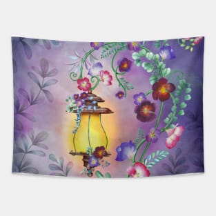 Old streetlight with flowers ornamental decoration. Fairy night garden watercolor illustration. Colorful fantasy scenery Tapestry