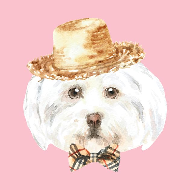 Shih Tzu Wearing Straw Hat and Bowtie by LaarniGallery