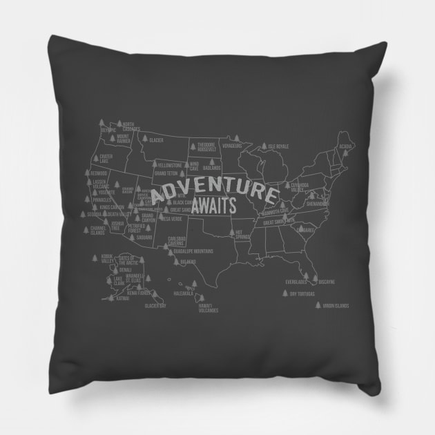 National Park Map - Lists All 59 National Parks Pillow by roamfree