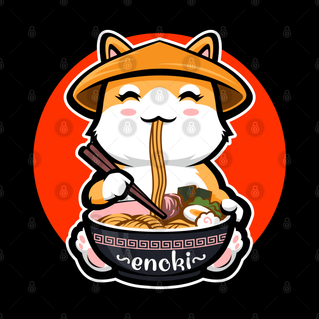 Enoki Mushroom Ramen & Kawaii Anime Shiba Inu Japan Sunset by Etopix