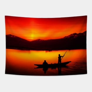 Fishing boat in sunset Tapestry