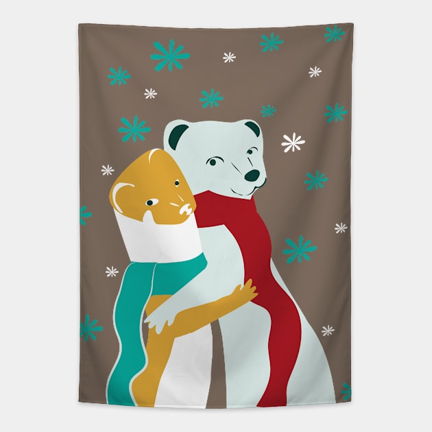 Weasel hugs Christmas in brown Tapestry by belettelepink