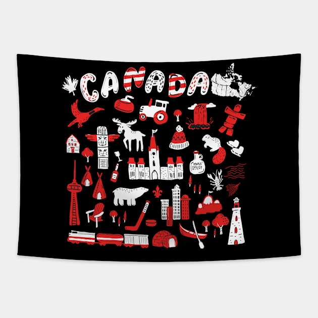 Canadian themed group of objects in red, white and black Tapestry by JDawnInk