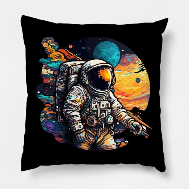 Astronaut in Space Colorful Vibrant Psychedelic Pillow by K3rst