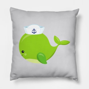 Sailor Whale, Cute Whale, Baby Whale, Green Whale Pillow