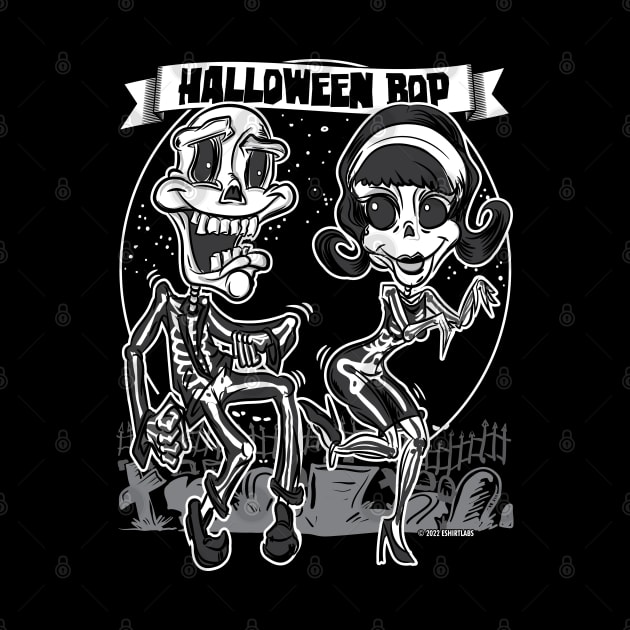 Skeletons dancing in the cemetery at the Halloween Bop by eShirtLabs