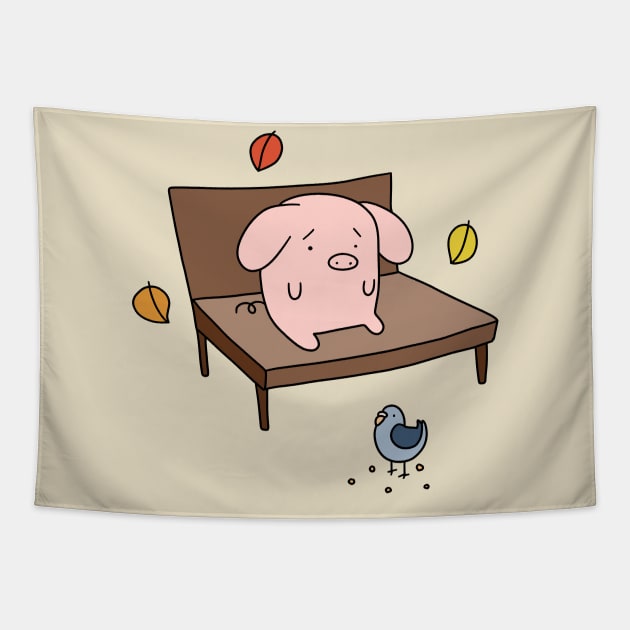 Sad Park Bench Pig Tapestry by saradaboru