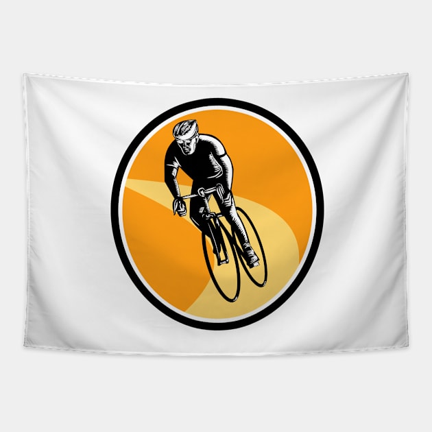 Cyclist Cycling Riding Racing Bike Woodcut Tapestry by retrovectors