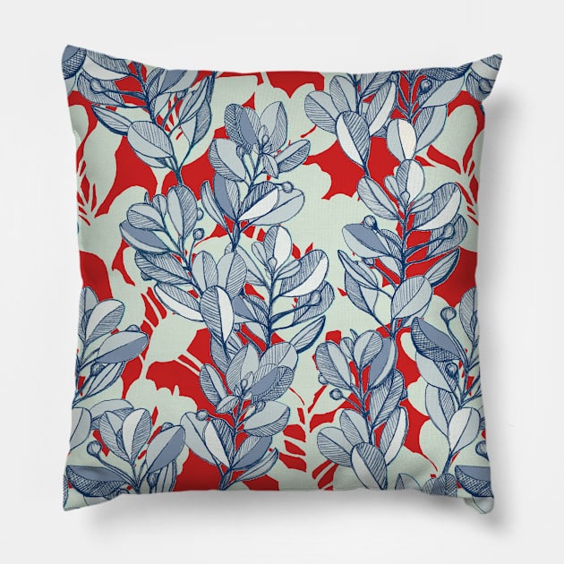 Leaf and Berry Sketch Pattern in Red and Blue Pillow by micklyn