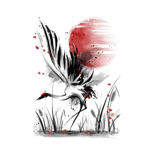 Sumi-e crane by Daisyart_lab