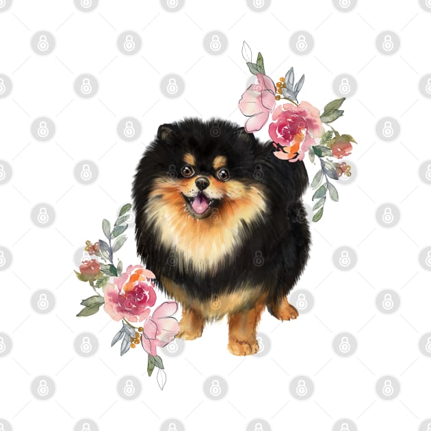 Cute Black Pomeranian Dog with Flowers Watercolor Art by AdrianaHolmesArt