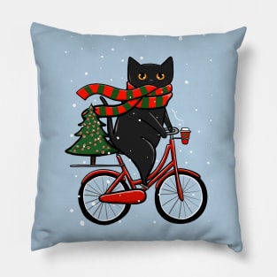 Black Cat Winter Bicycle Ride Pillow