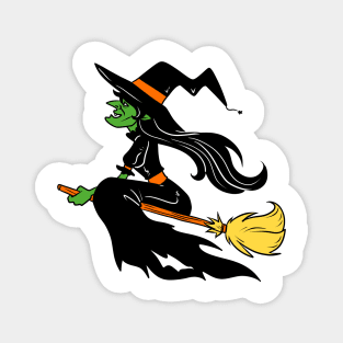 Green Skin Black Haired Witch on Broom Stick Magnet