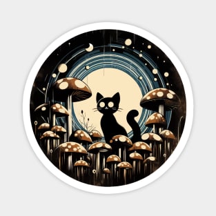 Funny Vintage Black Cat in Mushroom Garden Magnet