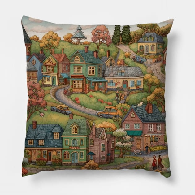 Cute cartoon spring city. Pillow by osadchyii