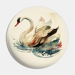 Vintage Japanese style Watercolor of a Swan Pin