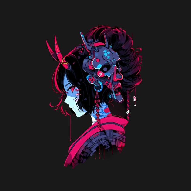 Cyber Geisha , anime style, cyberpunk, demon, t-shirt, tee T-Shirt by Expedition-AI