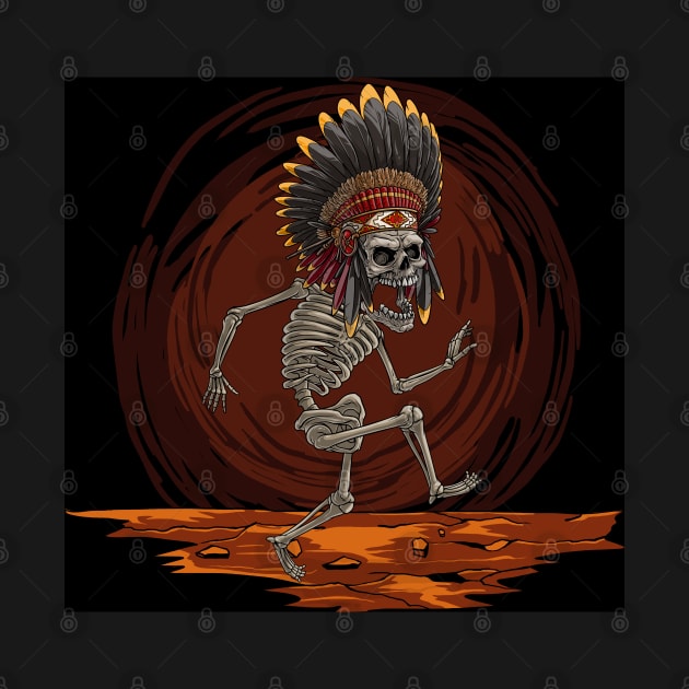 The dance of death, Cartoon hand drawn indian chief skeleton, Halloween scary illustration by Modern Art