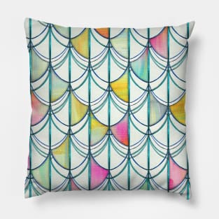 Pencil & Paint Fish Scale Cutout Pattern - white, teal, yellow & pink Pillow