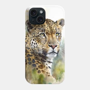 Watercolor Leopard  Portrait on an Abstract green Jungle Background Phone Case