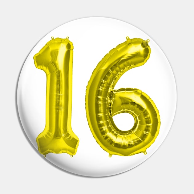 Yellow Gold 16th Birthday Metallic Helium Balloons Numbers Pin by podartist