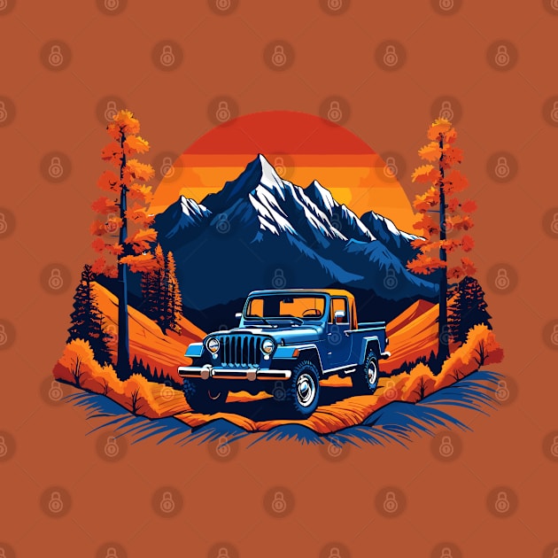 Vintage Jeep Pickup Fall Mountain Scene by SunGraphicsLab