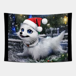 White christmas dog with hat Tapestry