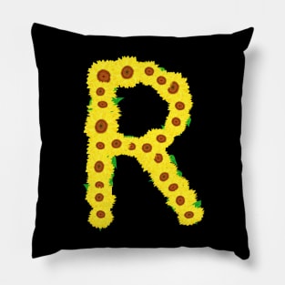 Sunflowers Initial Letter R (Black Background) Pillow