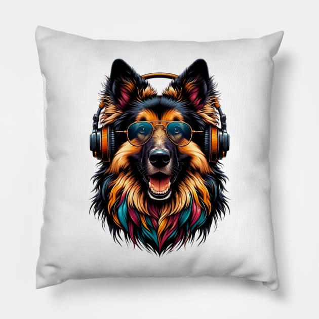 Grinning Bohemian Shepherd as Smiling DJ with Headphones Pillow by ArtRUs