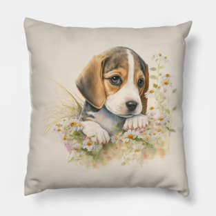 Beagle Baby Puppy Dog Brown Watercolor Floral Art #1 Pillow