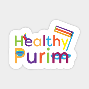 Colorful healthy Purim greeting with grogger, mask, clown hat and face mask Magnet