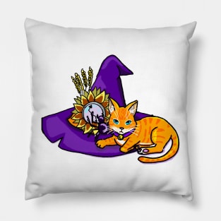 Orange Cat on a Witch Hat (yellow) Pillow