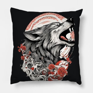 Vintage Japanese Tattoo Art Howling Wolf Pillow