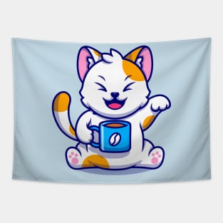 Cute Cat With Coffee Cup Cartoon Tapestry