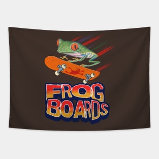 Cute and funny red eyed tree frog using a frog board to fly with leaping from skateboards tee Tapestry