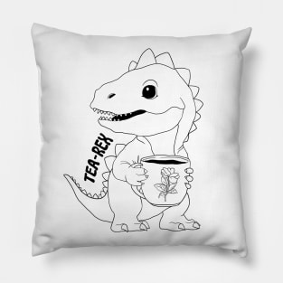 Tea Rex, T-Rex, Dinosaur, Black Line Drawing Pillow