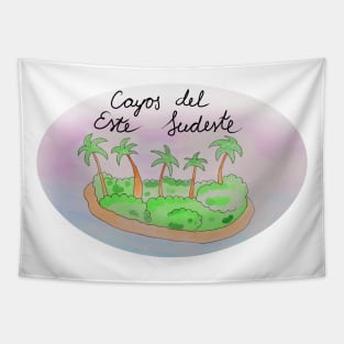 Cayos del Este Sudeste watercolor Island travel, beach, sea and palm trees. Holidays and vacation, summer and relaxation Tapestry