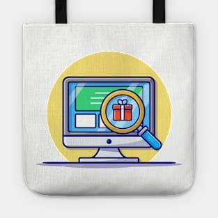 Monitor With Magnifying Glass And Gift Cartoon Vector Icon Illustration Tote